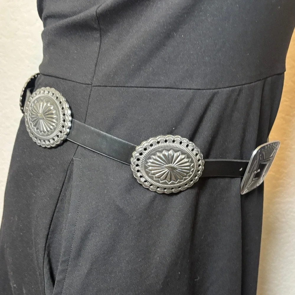 Womens Concho Belt Lrg Black Faux Leather Silver Tone Western Festival Boho Edgy